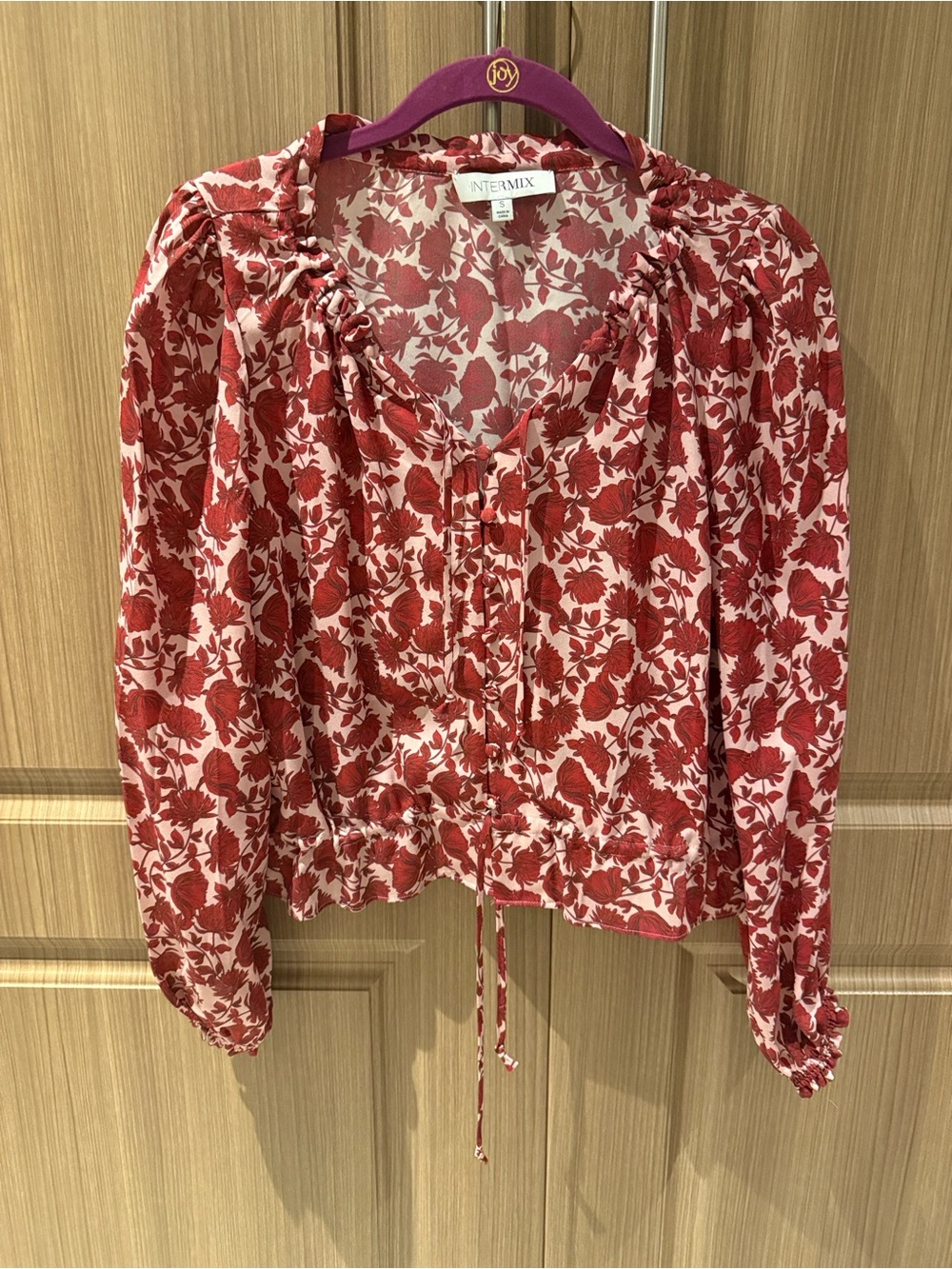 INTERMIX Red and Cream Floral Ruffle-Trim Button Front Blouse